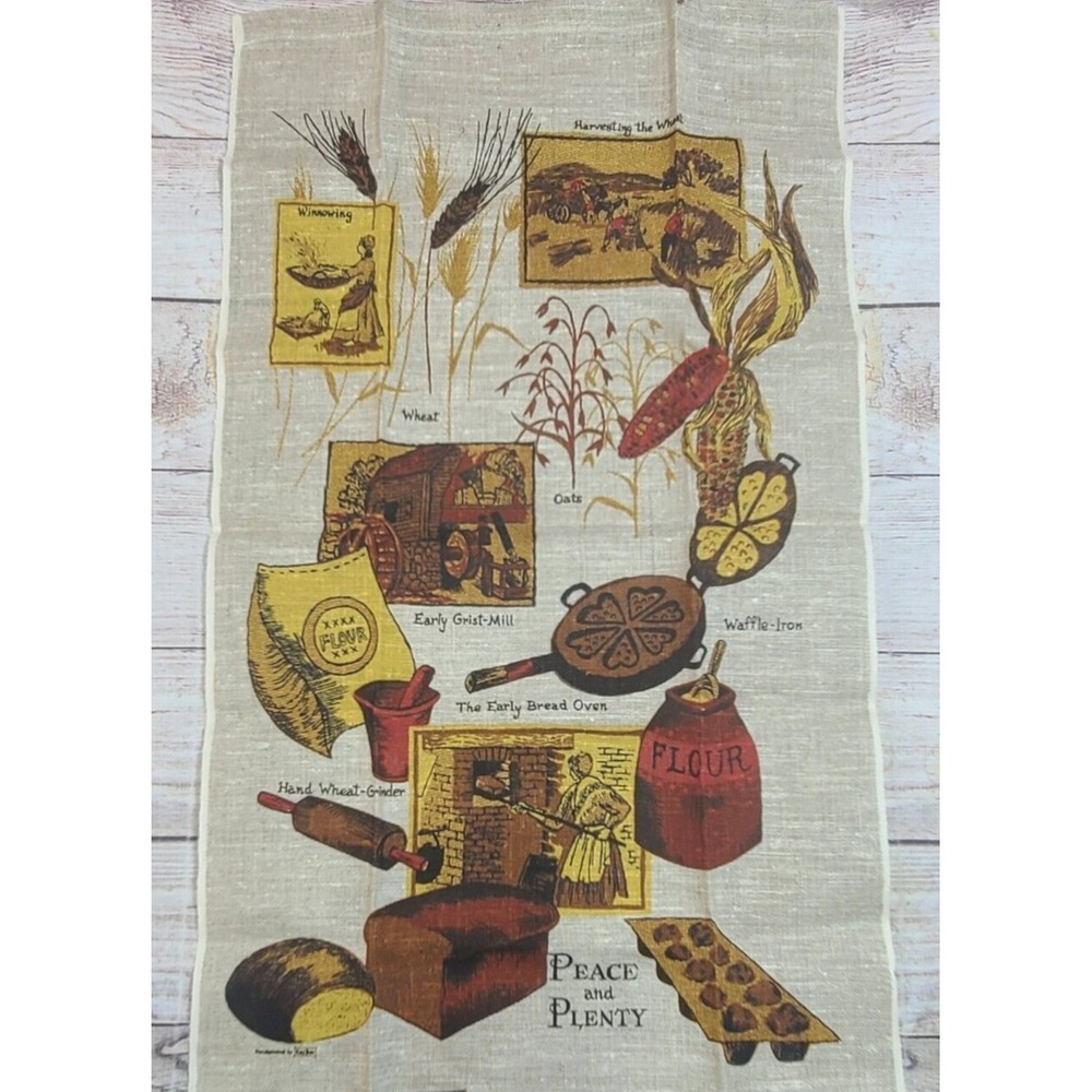Vintage Kay Dee 100% Linen Tea Towel Panel Wheat Corn Oats Handprinted 17" x 29"